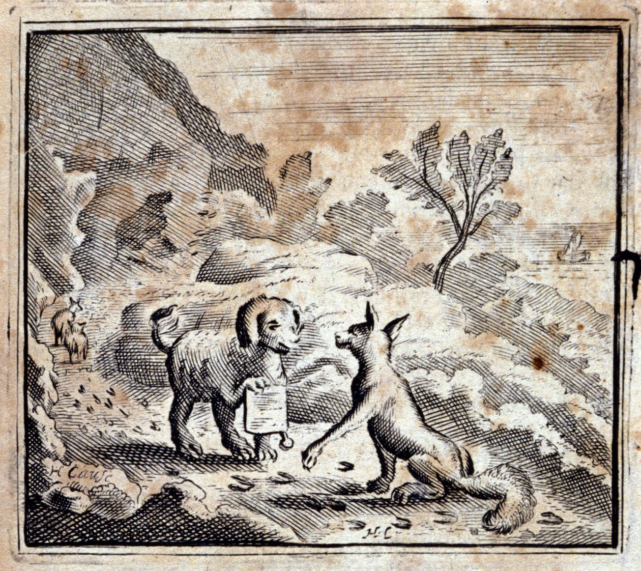 الأسد المريض والثعلب. أساطير جان دي لافونتين (1621-95). رسم توضيحي لفرانسوا تشوفو (1613-1676). طبعة 1728. بواسطة فرانسوا شوفو