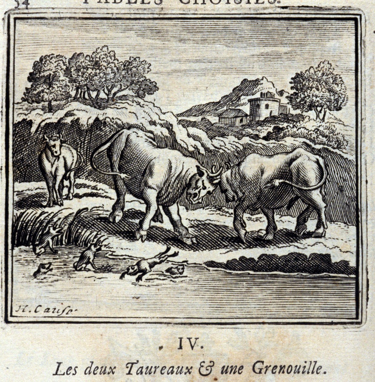 الثيران والضفدع. أساطير جان دي لافونتين (1621-95). رسم توضيحي لفرانسوا تشوفو (1613-1676). طبعة 1728. بواسطة فرانسوا شوفو
