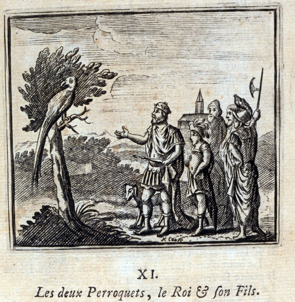 الببغاوات الملك وابنه. أساطير جان دي لافونتين (1621-95). رسم توضيحي لفرانسوا تشوفو (1613-1676). طبعة 1728. بواسطة فرانسوا شوفو