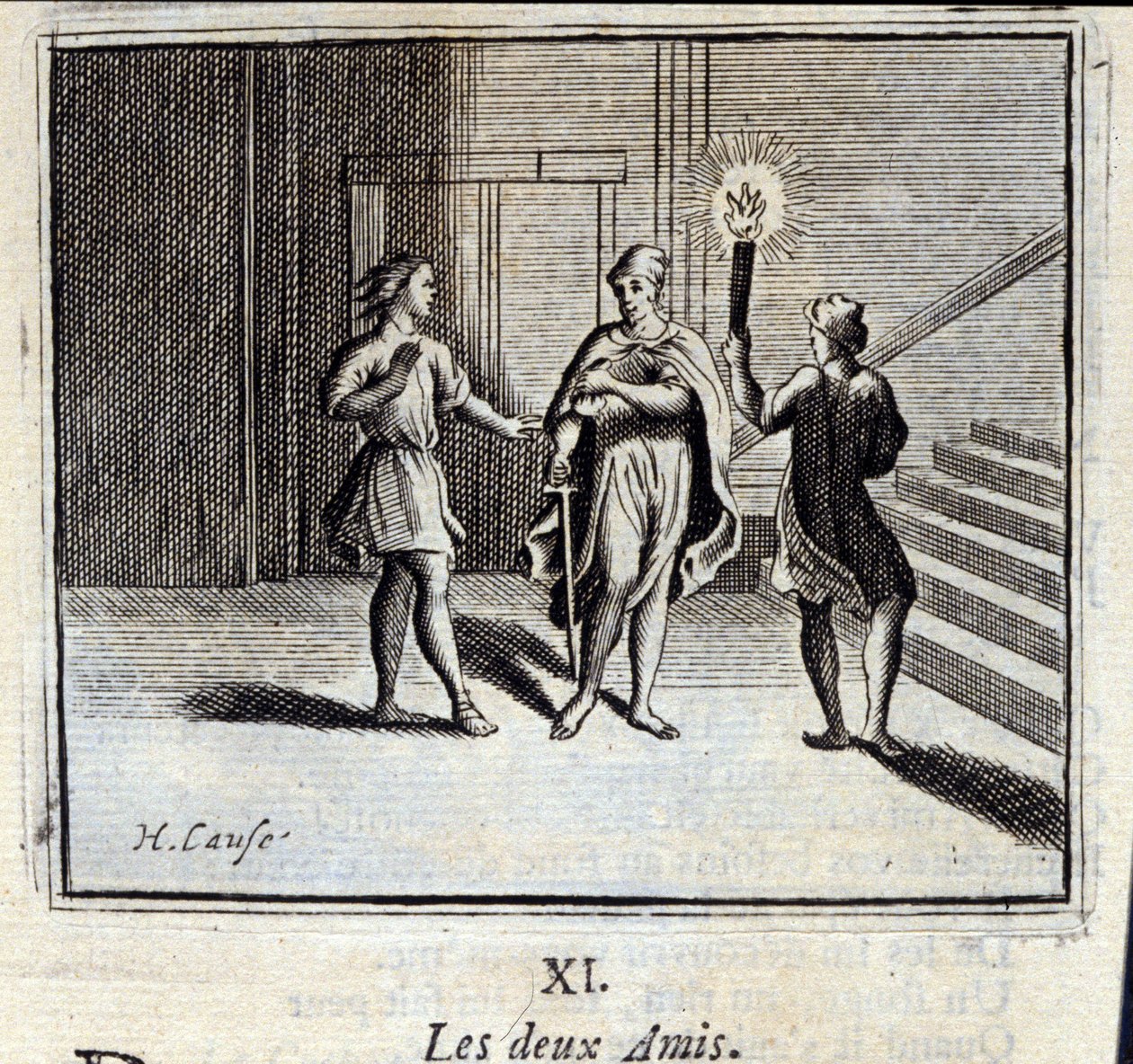 الصديقان. أساطير جان دي لافونتين (1621-95). رسم توضيحي لفرانسوا تشوفو (1613-1676). طبعة 1728. بواسطة فرانسوا شوفو
