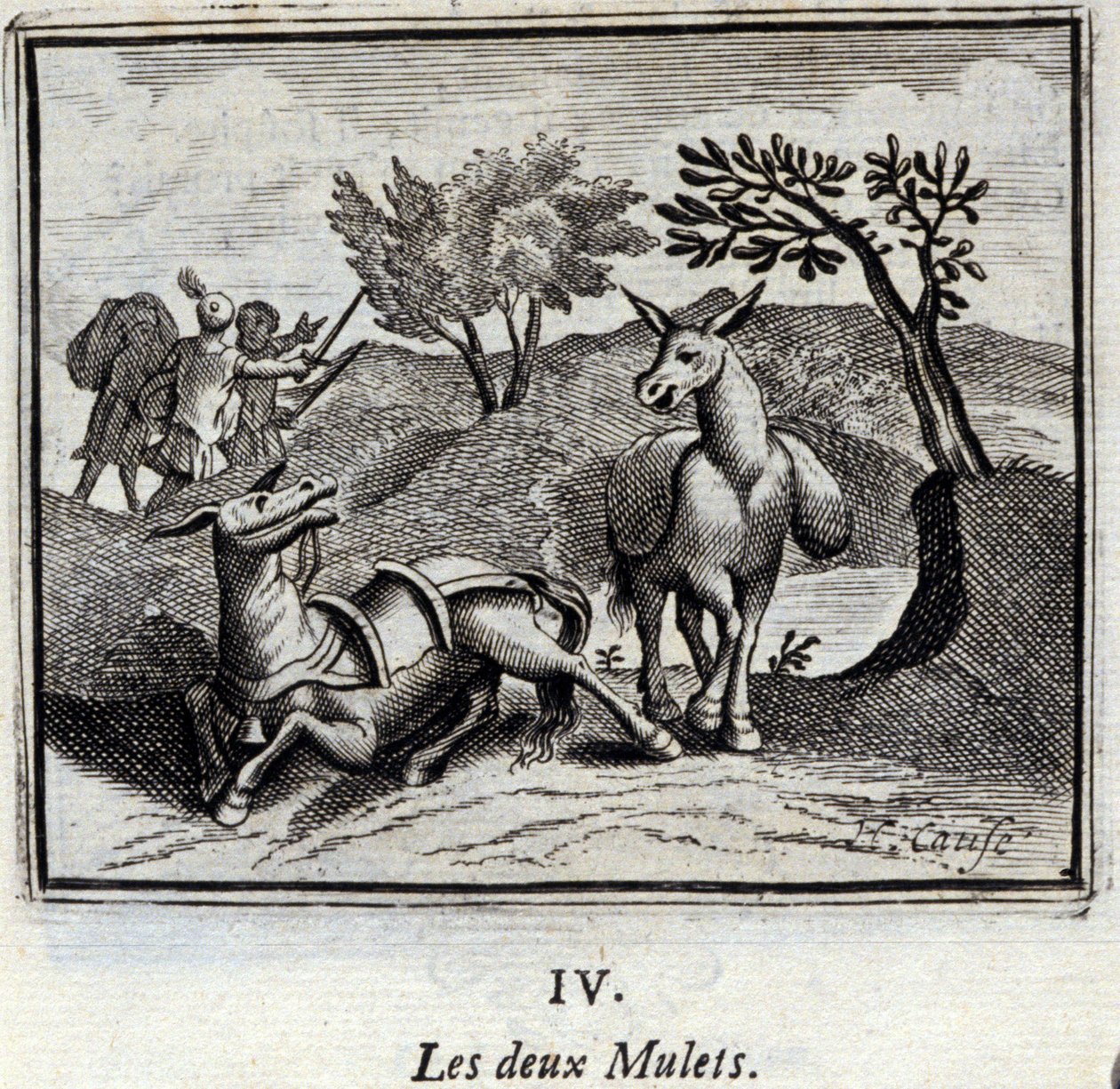 البغال. أساطير جان دي لافونتين (1621-95). رسم توضيحي لفرانسوا تشوفو (1613-1676). طبعة 1728. بواسطة فرانسوا شوفو