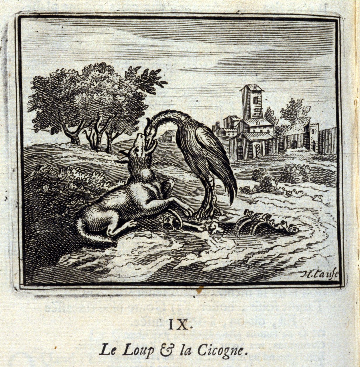 الذئب واللقلق. أساطير جان دي لافونتين (1621-95). رسم توضيحي لفرانسوا تشوفو (1613-1676). طبعة 1728. بواسطة فرانسوا شوفو