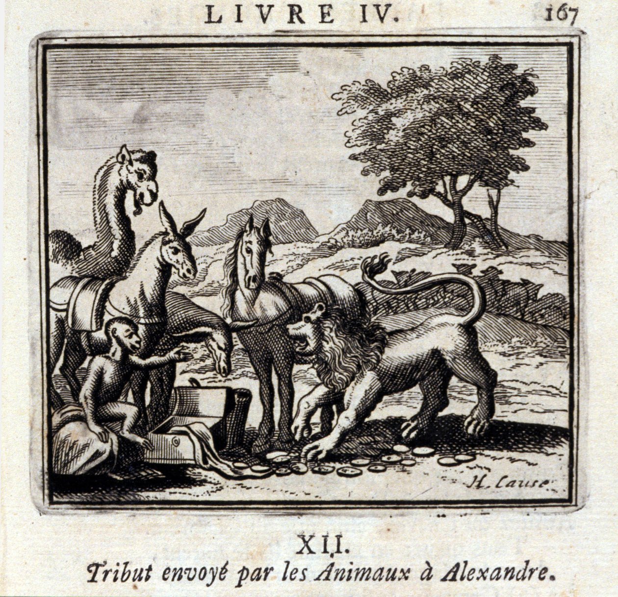 جزية أرسلتها الحيوانات إلى الإسكندر. أساطير جان دي لافونتين (1621-95). رسم توضيحي لفرانسوا تشوفو (1613-1676). طبعة 1728. بواسطة فرانسوا شوفو
