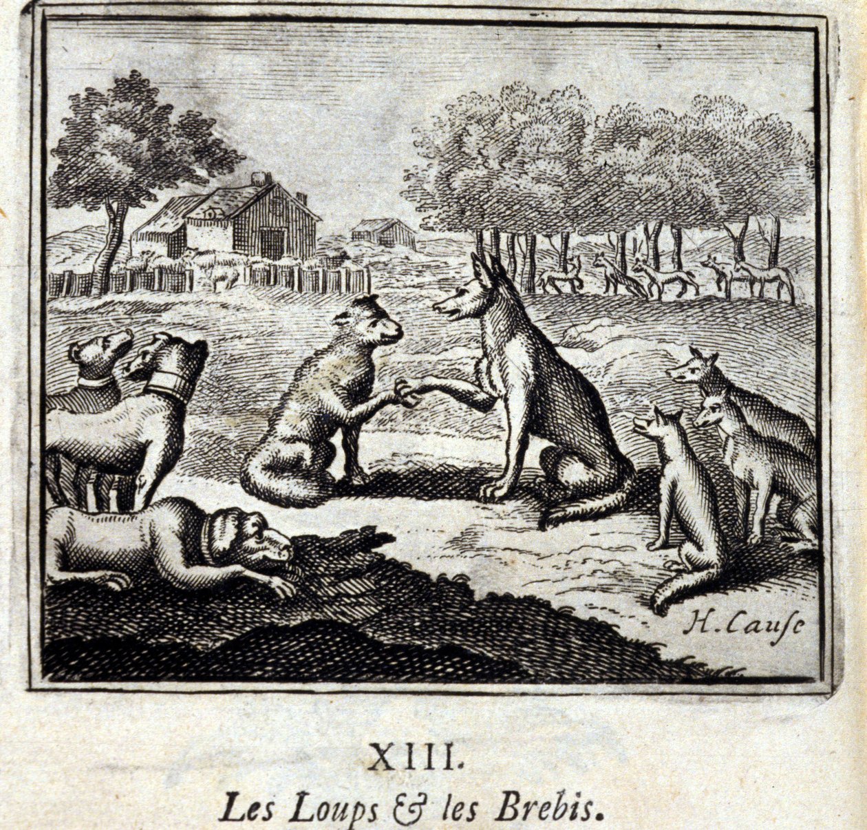الذئاب والأغنام. أساطير جان دي لافونتين (1621-95). رسم توضيحي لفرانسوا تشوفو (1613-1676). طبعة 1728. بواسطة فرانسوا شوفو