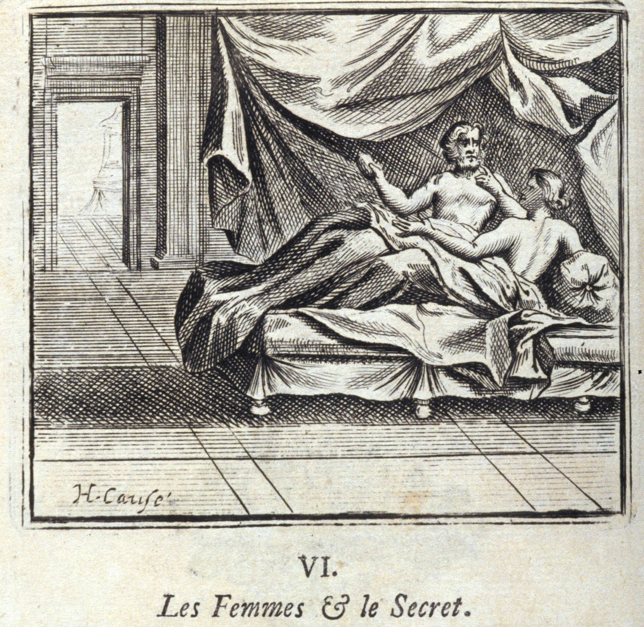 المرأة والسر. أساطير جان دي لافونتين (1621-95). رسم توضيحي لفرانسوا تشوفو (1613-1676). طبعة 1728. بواسطة فرانسوا شوفو