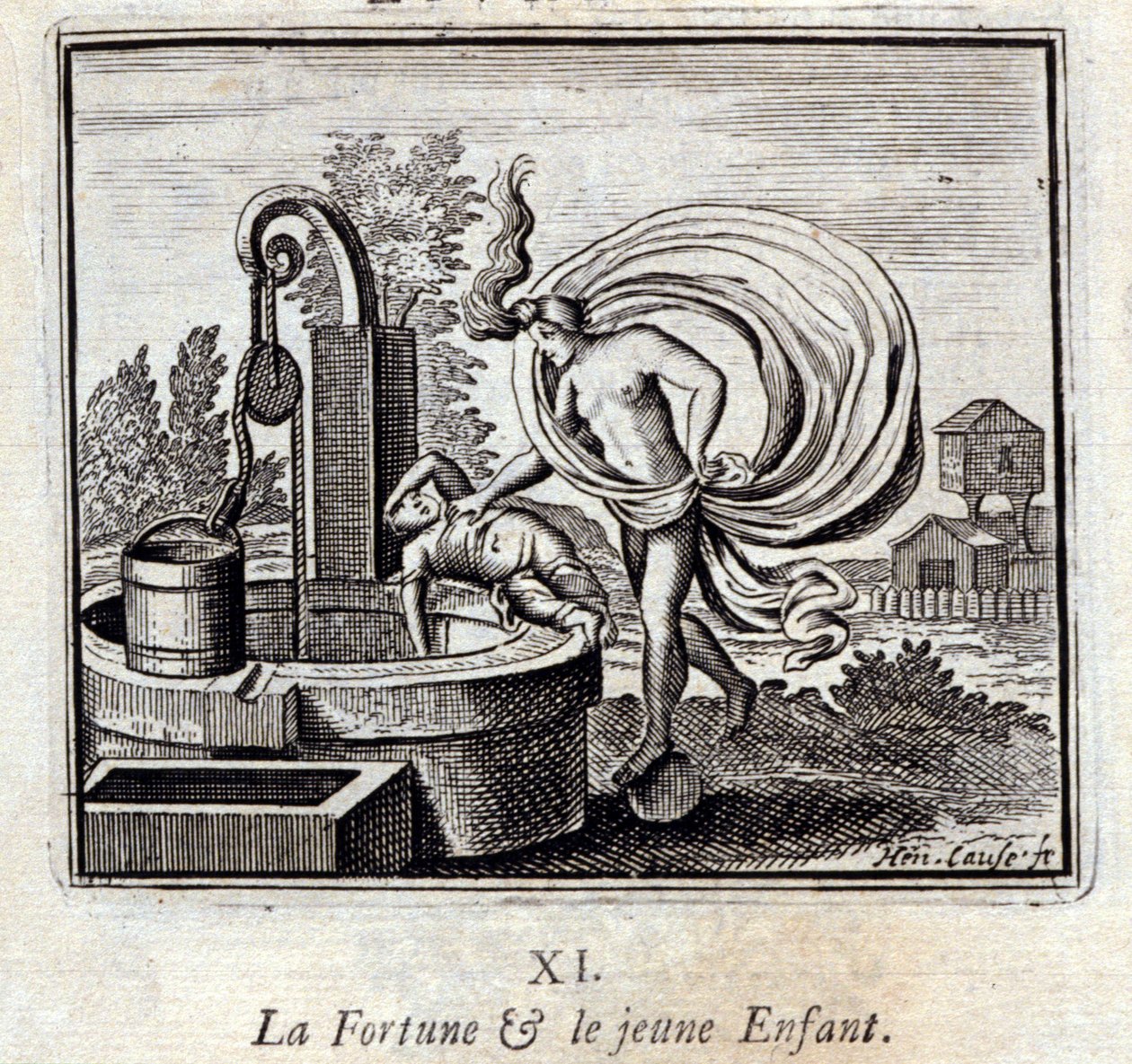الثروة والطفل الصغير. أساطير جان دي لافونتين (1621-95). رسم توضيحي لفرانسوا تشوفو (1613-1676). طبعة 1728. بواسطة فرانسوا شوفو