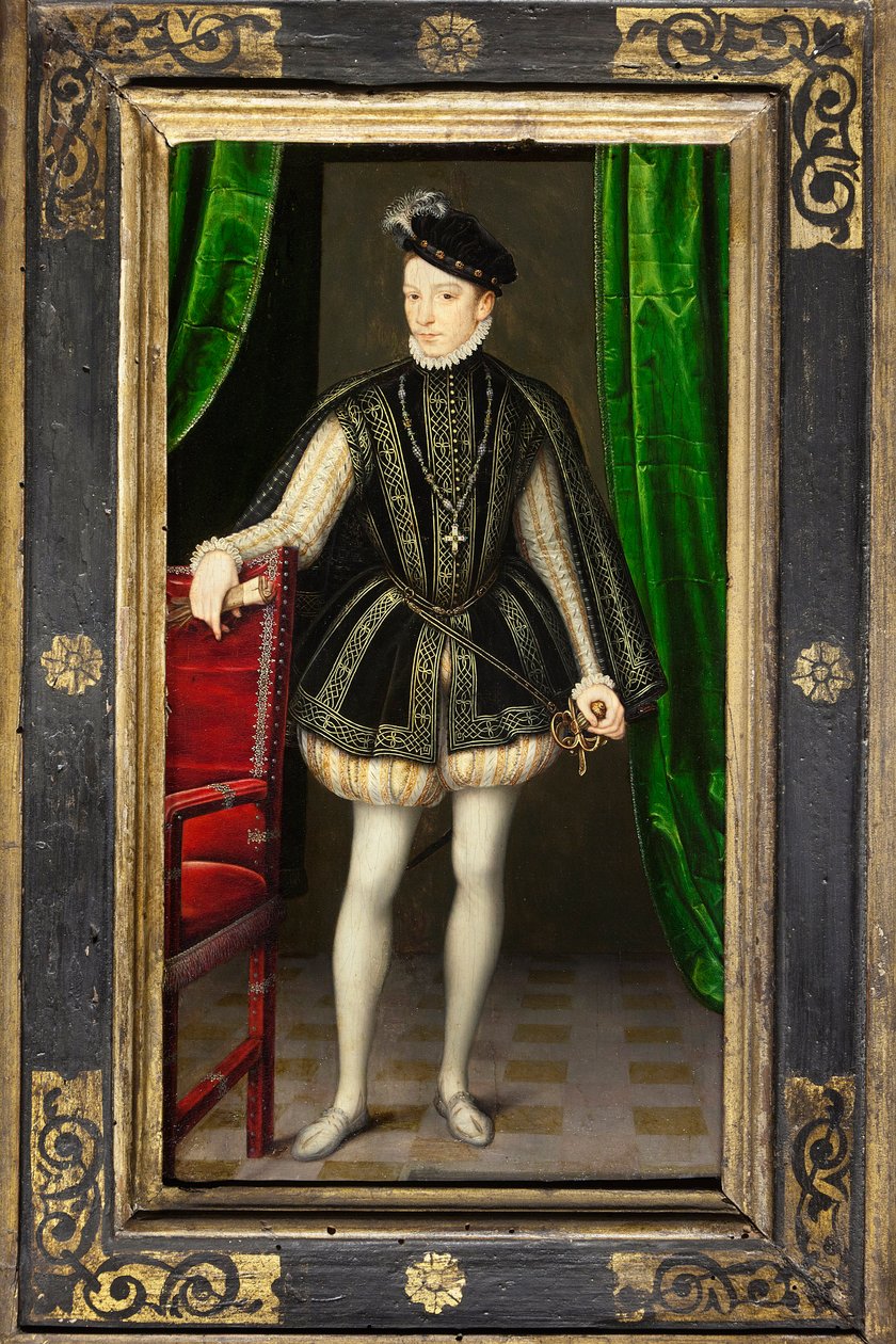 صورة لتشارلز التاسع (1550-1574) ، الابن الثاني لهنري الثاني وكاثرين دي ميديسي ، ملك فرنسا عند وفاة شقيقه في فرانسوا الثاني (1544-1560) ، تزوج عام 1570 إليزابيث النمسا (1554-1592) ، تميز عهده بحروب الدين و ال بواسطة فرانسوا كلويت