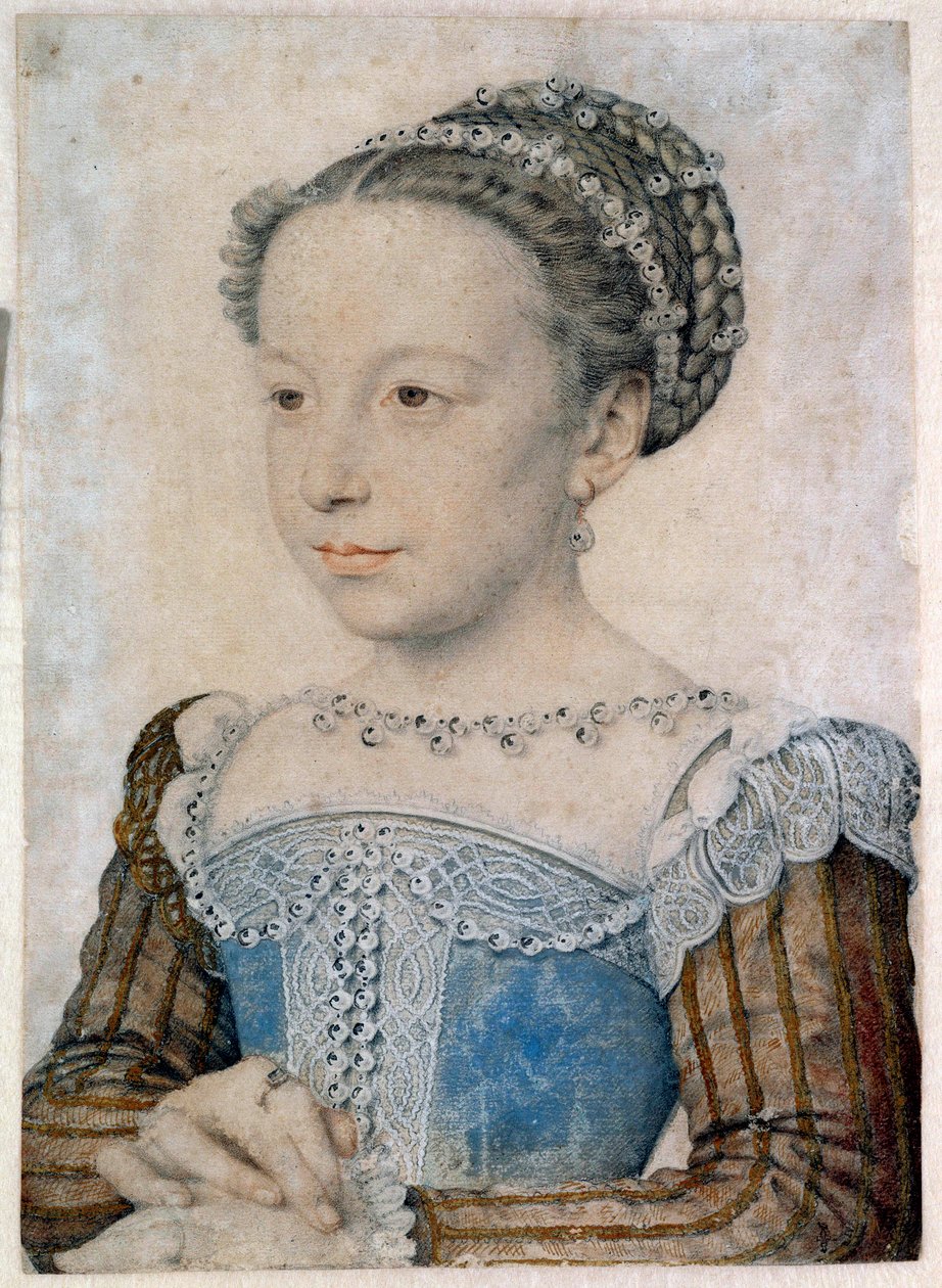 صورة لمارجريت دي فالوا (1553-1615) أو الملكة مارغو الرسم بالقلم الرصاص والدم بقلم فرانسوا كلويت (حوالي 1515-1572) القرن السادس عشر. 0.29 × 0.21 م شانتيلي ، متحف كوندي بواسطة فرانسوا كلويت
