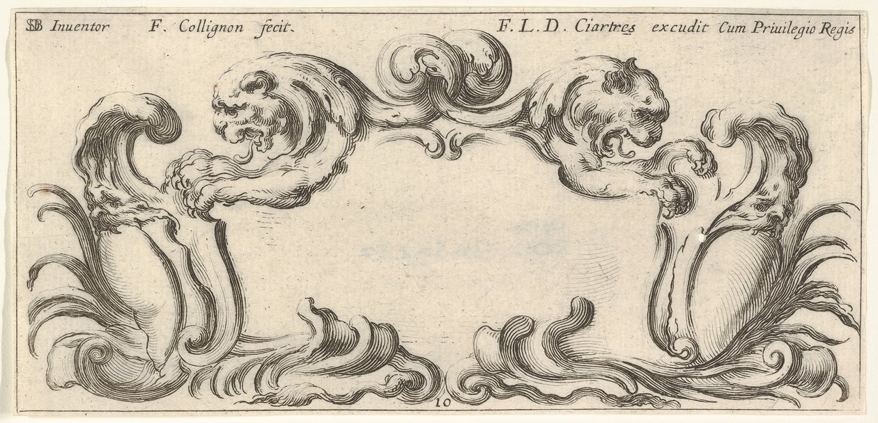 اللوحة 10: خرطوش برأس أسدين في صورة جانبية إلى اليسار واليمين في t ... ، كاليفورنيا. 1640-45. بواسطة فرانسوا كوليجنون