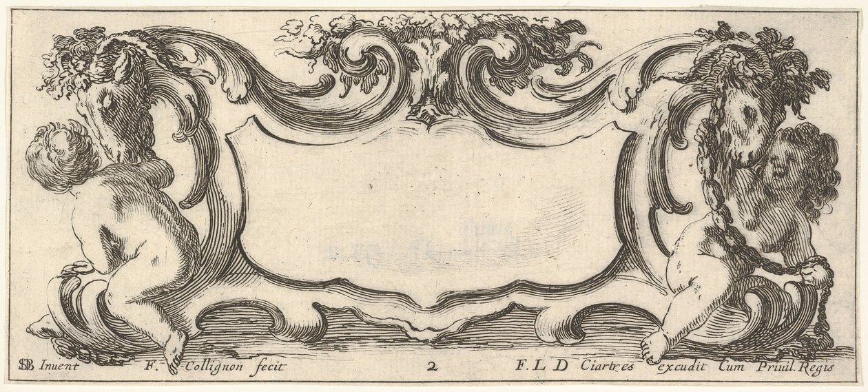 اللوحة 2: خرطوش مع طفل ينظر من الخلف إلى اليسار وطفل ينظر من ... ، كاليفورنيا. 1640-45. بواسطة فرانسوا كوليجنون