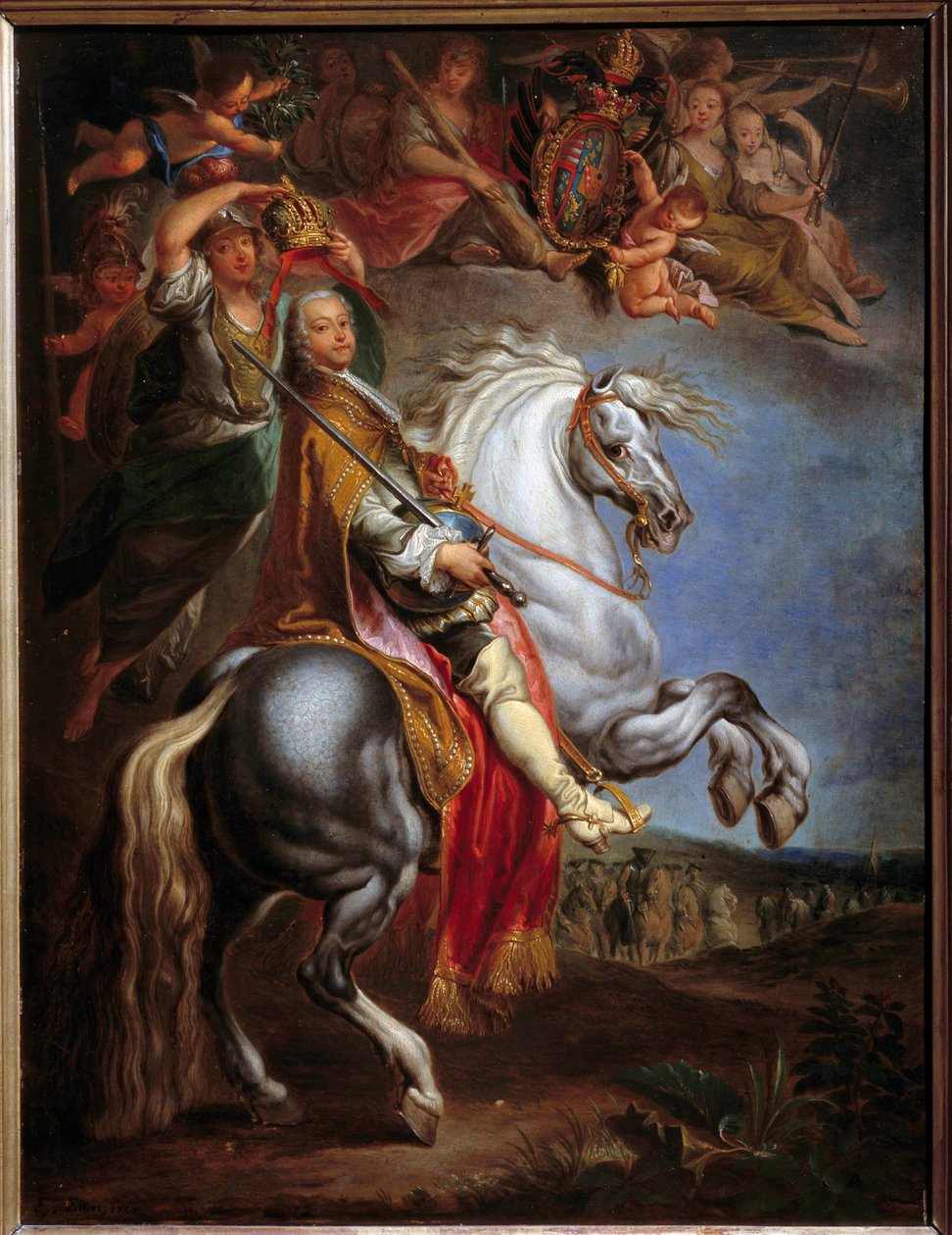 صورة الفروسية لفرانسوا الثالث (1708-1765) ، دوق لورين ، ثم الإمبراطور الجرماني ودوق توسكانا الأكبر ، زوجة ماري تيريز من النمسا (1717-1780) لوحة فرانسوا آيزن (1695-1778) بواسطة فرانسوا ايسن