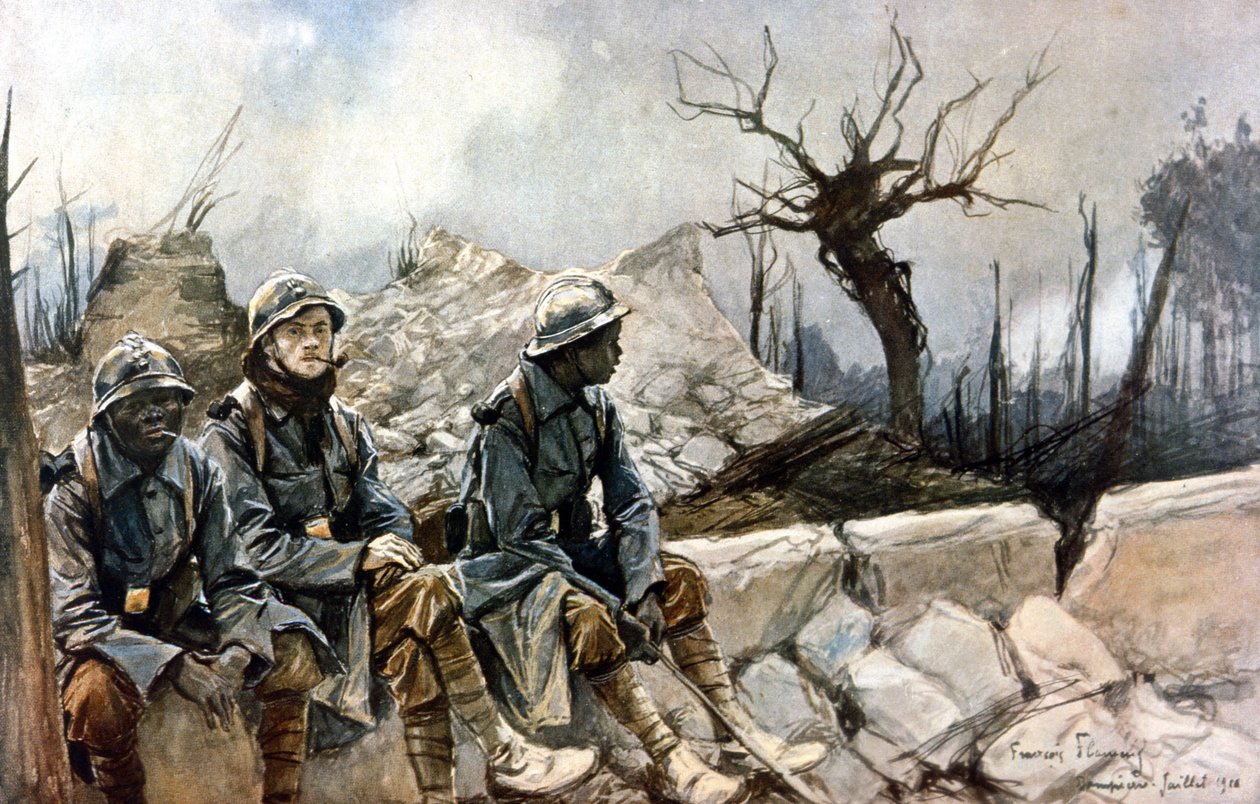 3 جنود فرنسيين يجلسون أمام أنقاض كنيسة دامبيير. حرب 1914 - 1918. لوحة لفرانسوا فلامنج (1856-1923). باريس ، Musee de l'Armee بواسطة فرانسوا فلامنج
