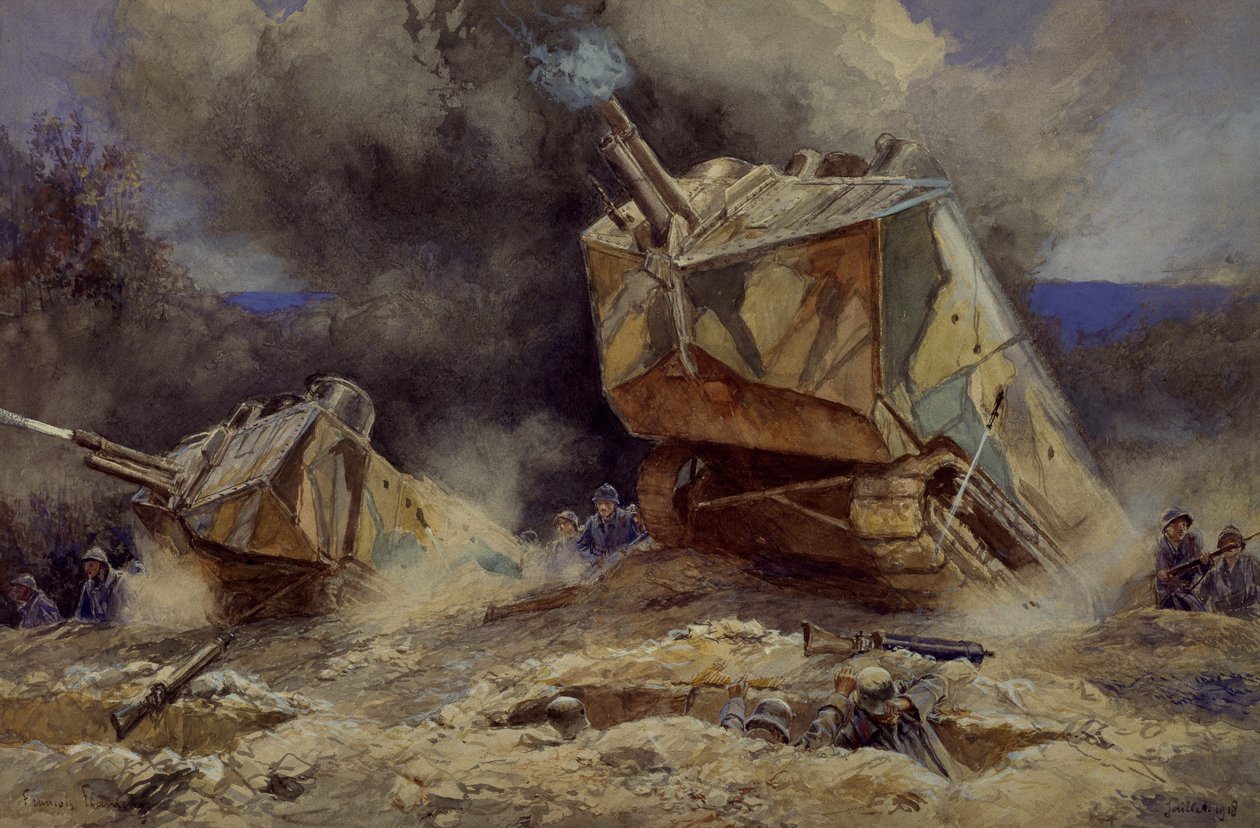 هجوم على المشاة والدبابات في سانت شاموند ، يوليو 1918 (ألوان مائية) بواسطة فرانسوا فلامنج