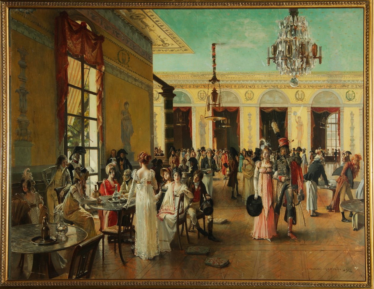 مقهى فراسكاتي (باريس ، فرنسا) ، مشهد في زمن نابليون (أواخر 18-1815) - لوحة لفرانسوا فلامنج (1856-1923) ، زيت على خشب بواسطة فرانسوا فلامنج