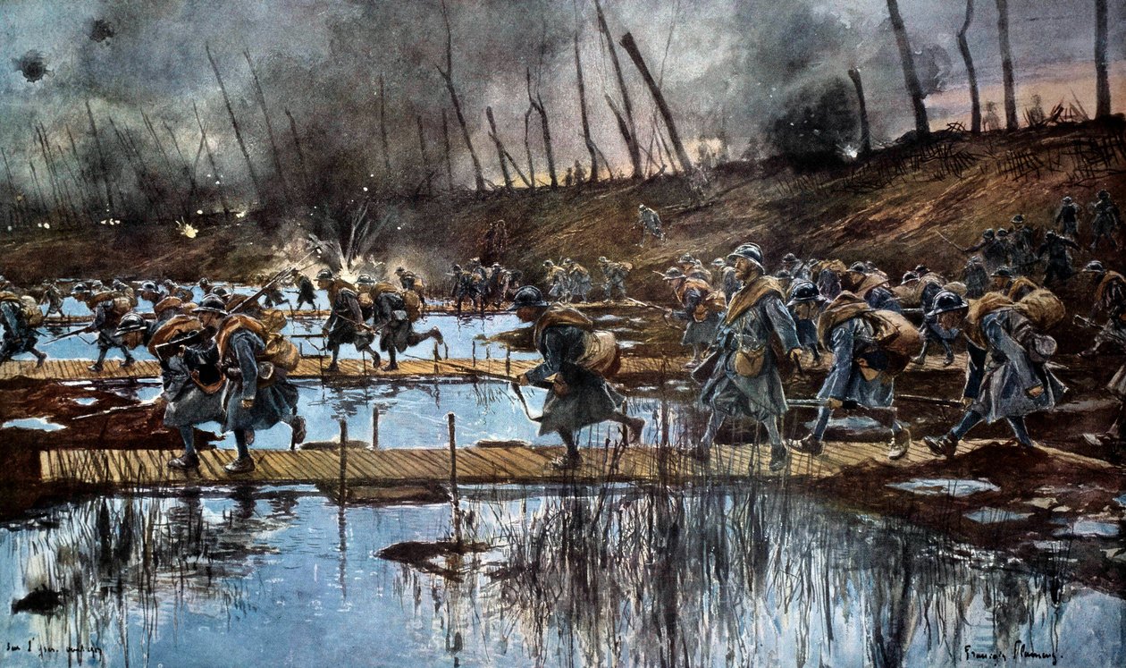 الحرب العالمية الأولى (1914-1918): "" مرور يسير أثناء هجوم فلاندرز في عام 1917 "لوحة مائية لفرانسوا فلامنج (1856-1923) 1917 ، 30 × 50 سم. باريس ، Musee de l'Armee بواسطة فرانسوا فلامنج
