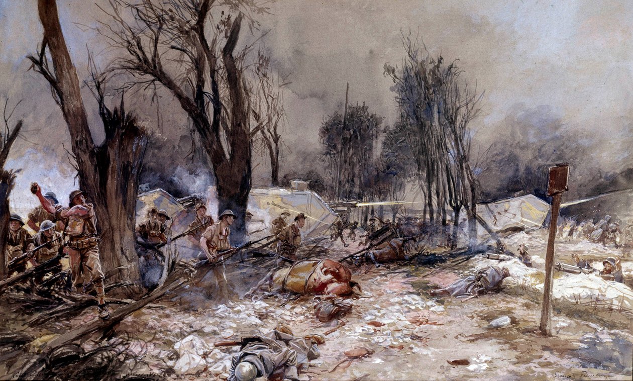 الحرب العالمية الأولى: "" معركة سان بيير دي ليجل (سان بيير إيجل) في أيسن ، هجوم يوليو 1918 "لوحة لفرانسوا فلامنج (1856-1923). ١٩١٨ ، ٣٣ × ٥٥ سم. باريس ، متحف أرمي - الحرب العالمية الأولى: "" معركة سان بيير دي ليجل (جنوب بواسطة فرانسوا فلامنج
