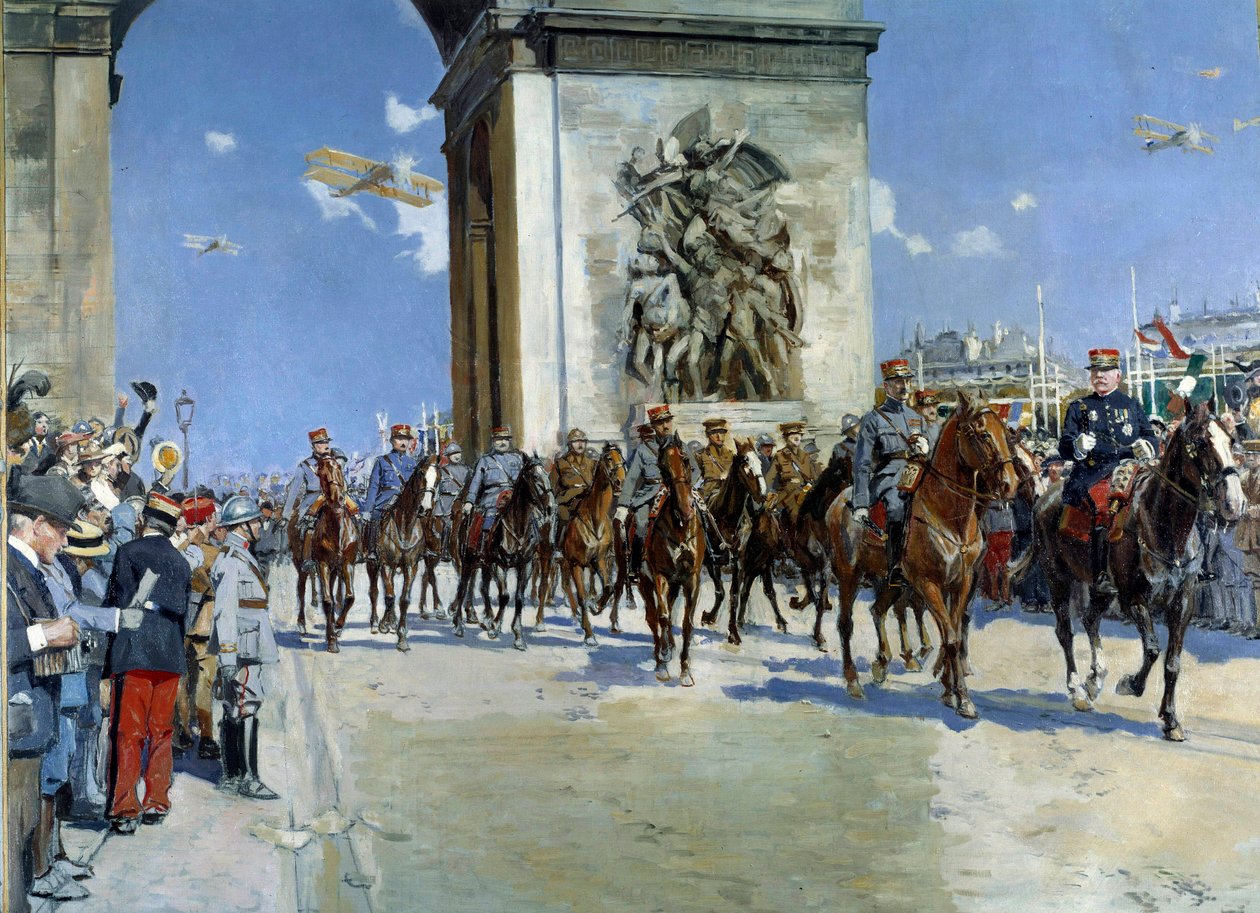 الحرب العالمية الأولى: "تقديس النصر في 14/07/1919 على الشانزليزيه في باريس" بين العسكريين ، ماريشال فرديناند فوش (1851-1929) وماريشال جوزيف جوفر (1852-1931). لوحة لفرانسوا فلامنج (1856-1919) 1919 باريس ، متحف أرمي بواسطة فرانسوا فلامنج