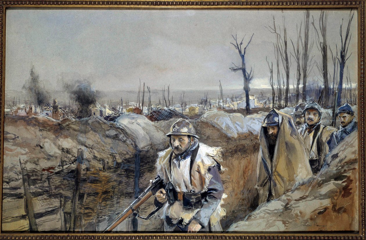 الحرب العالمية الأولى: "" منظر لسوشيز (في أرتوا) ، وهو خندق في 18/12/1915 "لوحة مائية بقلم فرانسوا فلامنج (1856-1923) ديسمبر 1915. 0.3x0.48 م باريس متحف لارمي - الحرب العالمية الأولى: "" منظر سوشيز (أرتوا) ؛ جنود فرنسيون في خندق " بواسطة فرانسوا فلامنج
