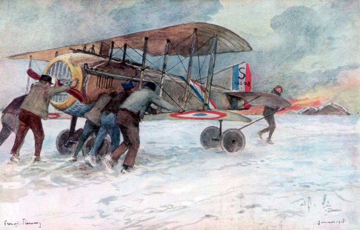 طاقم أرضي يحضر إلى سباد فرنسي في حقل مغطى بالثلوج ، 1918 ، 1926. بواسطة فرانسوا فلامنج