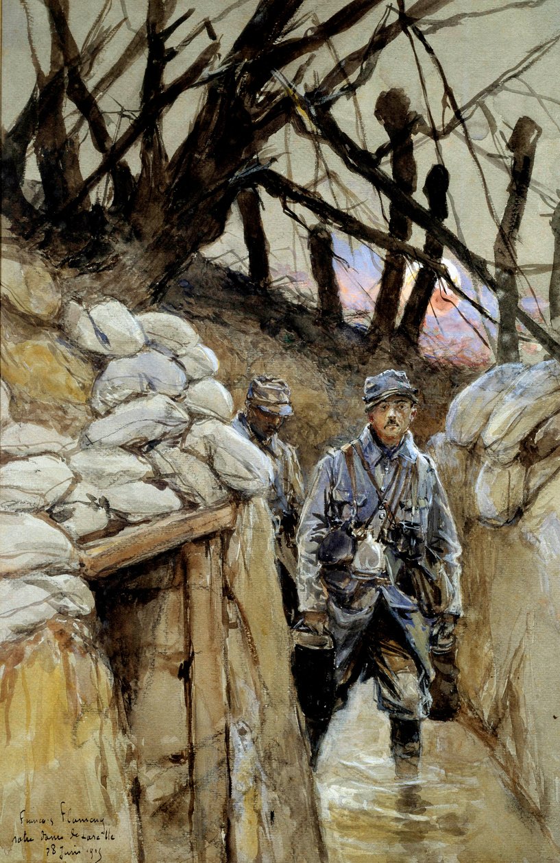 الحرب العالمية الأولى: "" جندي من حساء السخرة في الخندق Notre-Dame-de-Lorette 28/06/1915 "لوحة ألوان مائية لفرانسوا فلامنج (1856-1923) يونيو 1915. 0.3x0.48 م باريس متحف أرمي بواسطة فرانسوا فلامنج