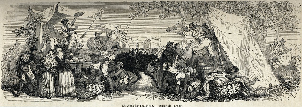 بيع البطيخ ، رسمه فيروغيو ، لتوضيح نابولي والنابوليتانيين ، في عام 1861 ، بواسطة مارك مونييه (1829-1885). نقش في "" Le Tour du monde "" 1861. مجموعة سيلفا. بواسطة فرانسوا فورتشن أنطوان (بعد) فيروجيو
