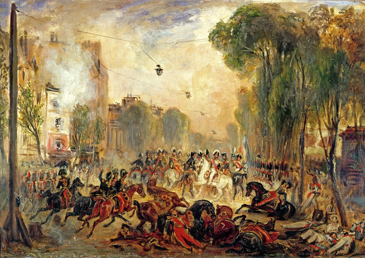 محاولة اغتيال الملك لويس فيليب (1773-1850) بواسطة جوزيبي فيشي (1790-1836) Boulevard du Temple ، 28 يوليو 1835 (زيت على قماش) بواسطة فرانسوا جابرييل جيوم ليبول