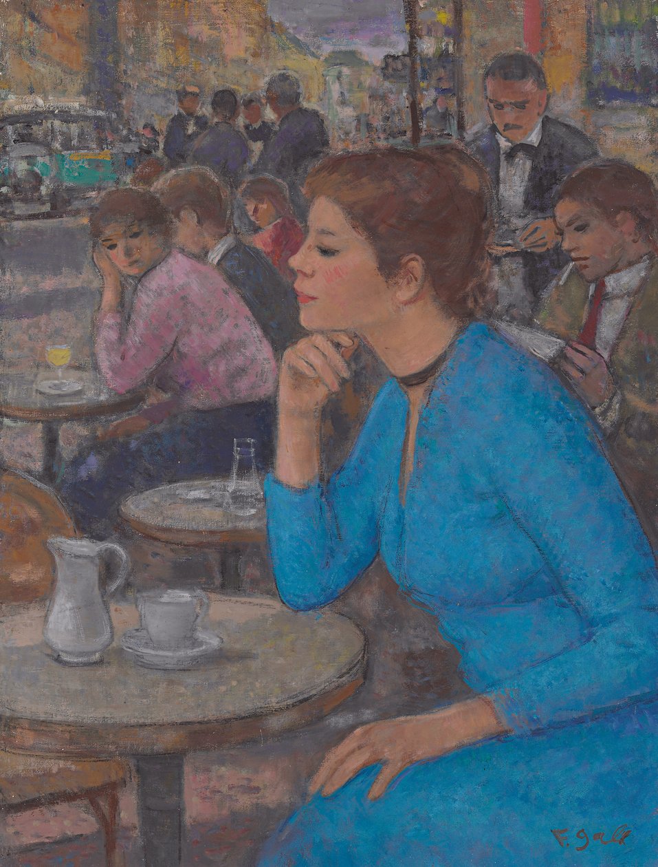 أوجيني في ثوب أزرق في "Deux Magots" ، باريس ، حوالي 1980 (زيت على قماش) بواسطة فرانسوا جال