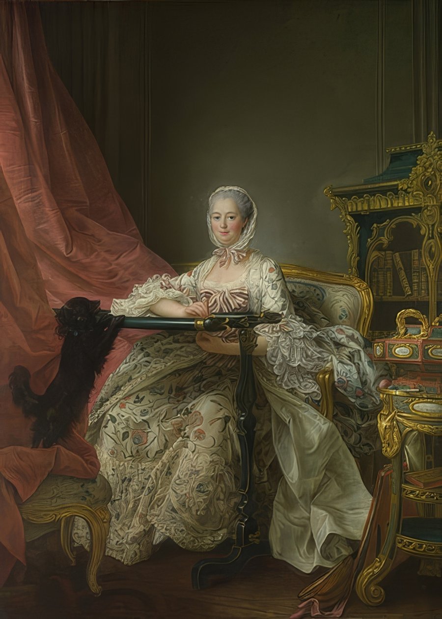 مدام بومبادور (1721-1764) في حلقة التطريز. 1763-64 بواسطة فرانسوا هوبير درويس