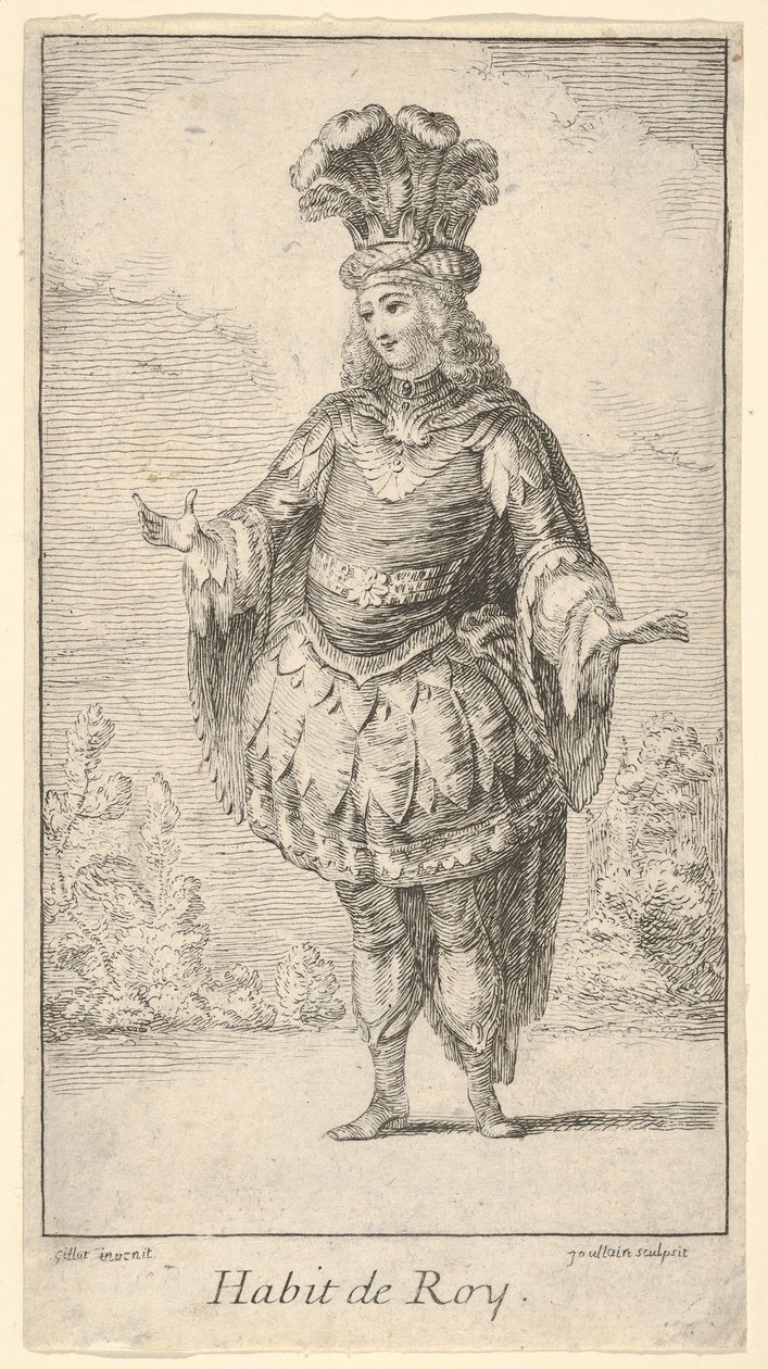 Habit de Roy: رجل يرتدي قميصًا مزخرفًا بالزهور وتاجًا وعمامة مع ... ، كاليفورنيا. 1721. بواسطة فرانسوا جولين