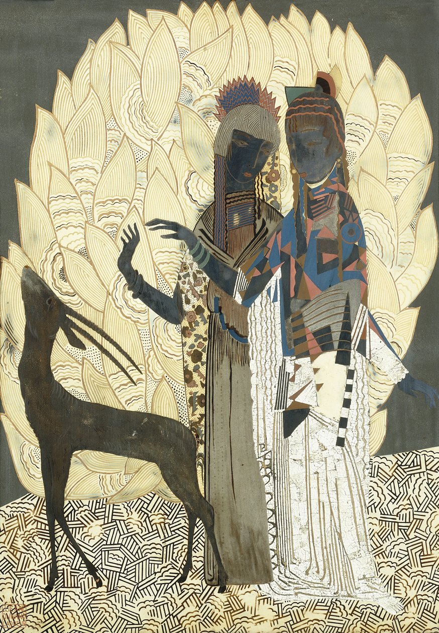 امرأتان منمنمة مع ظباء بين أوراق الشجر ، حوالي عام 1928 (لوح خشبي مطلي باللك و Coquille d&39;oeuf) بواسطة فرانسوا لويس (بعد) حداد