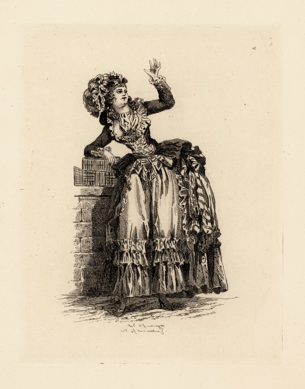 Fashionable woman in bonnet a la Nicolet, era of Marie Antoinette (etching) بواسطة فرانسوا لويس جوزيف (بعد) واتو
