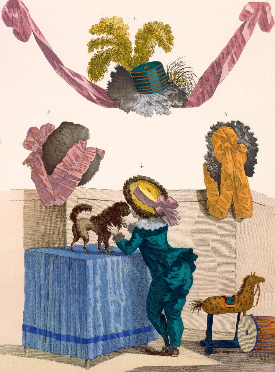 تصميمات للقبعات ، محفورة بواسطة Dupin ، اللوحة رقم 325 من "Galeries des Modes et Costumes Francais" ، 1780 بواسطة فرانسوا لويس جوزيف واتو