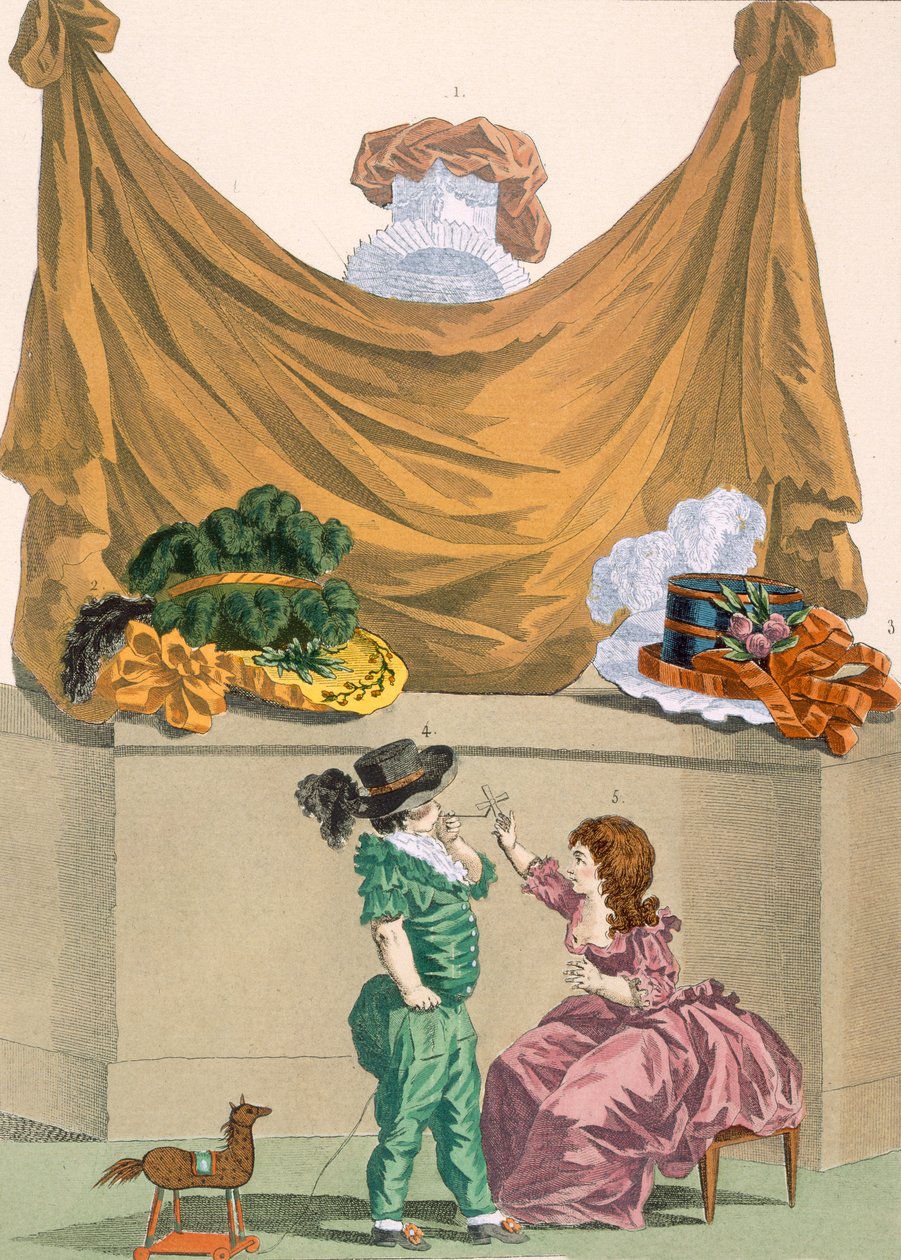 القبعات وملابس الأطفال ، محفورة بواسطة Dupin ، اللوحة رقم 321 من "Galeries des Modes et Costumes Francais" ، 1780 بواسطة فرانسوا لويس جوزيف واتو