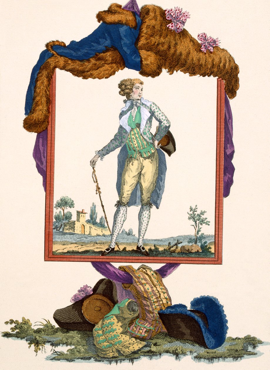 شاب يرتدي سترة من الحرير الأبيض مع صدرية مطلية ، منقوشة بواسطة Dupin ، اللوحة رقم 265 من "Galeries des Modes et Costumes Francais" ، c.1778-87 بواسطة فرانسوا لويس جوزيف واتو