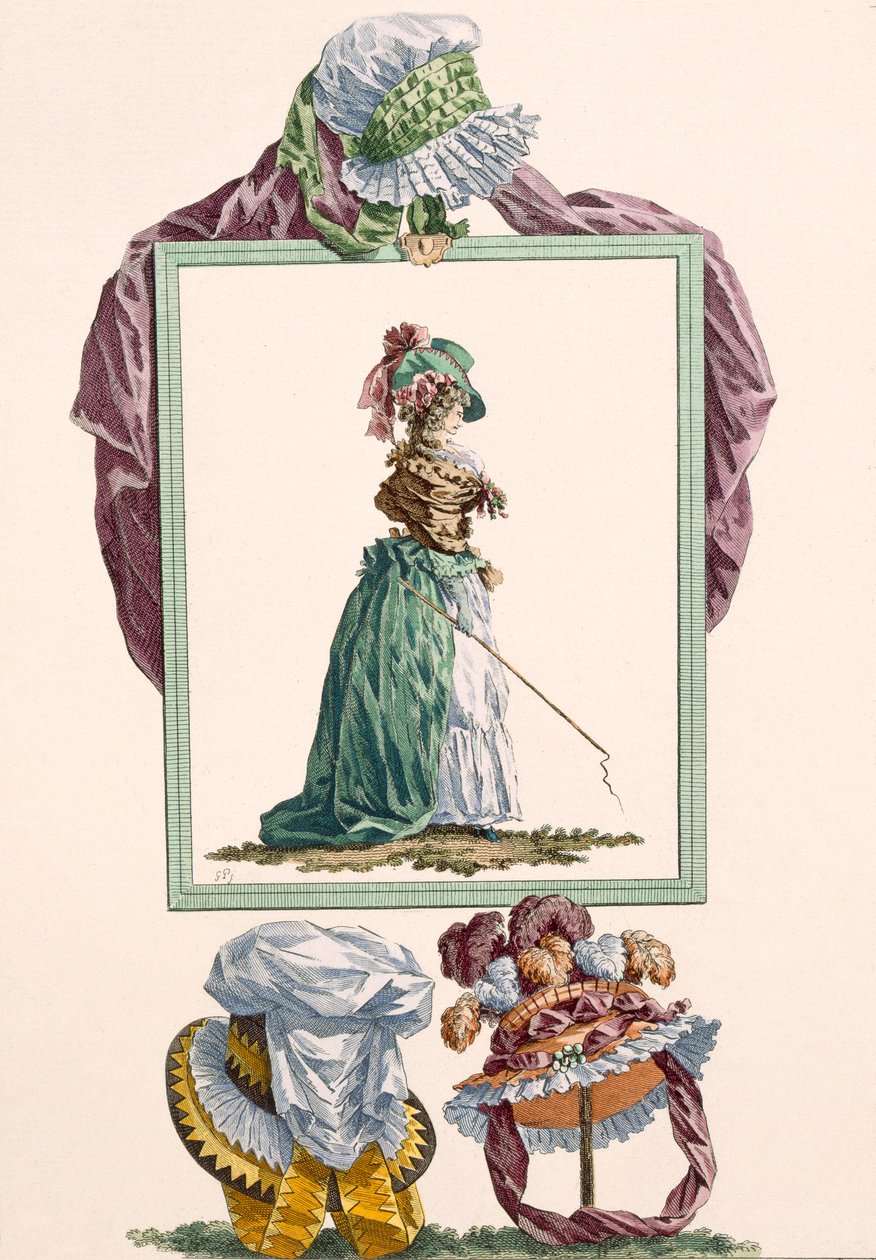 امرأة شابة ترتدي زي Pierrot Caraco ممسكة بسوط عربة ، محفورة بواسطة Dupin ، اللوحة رقم 238 من "Galeries des Modes et Costumes Francais" ، c.1778-87 بواسطة فرانسوا لويس جوزيف واتو