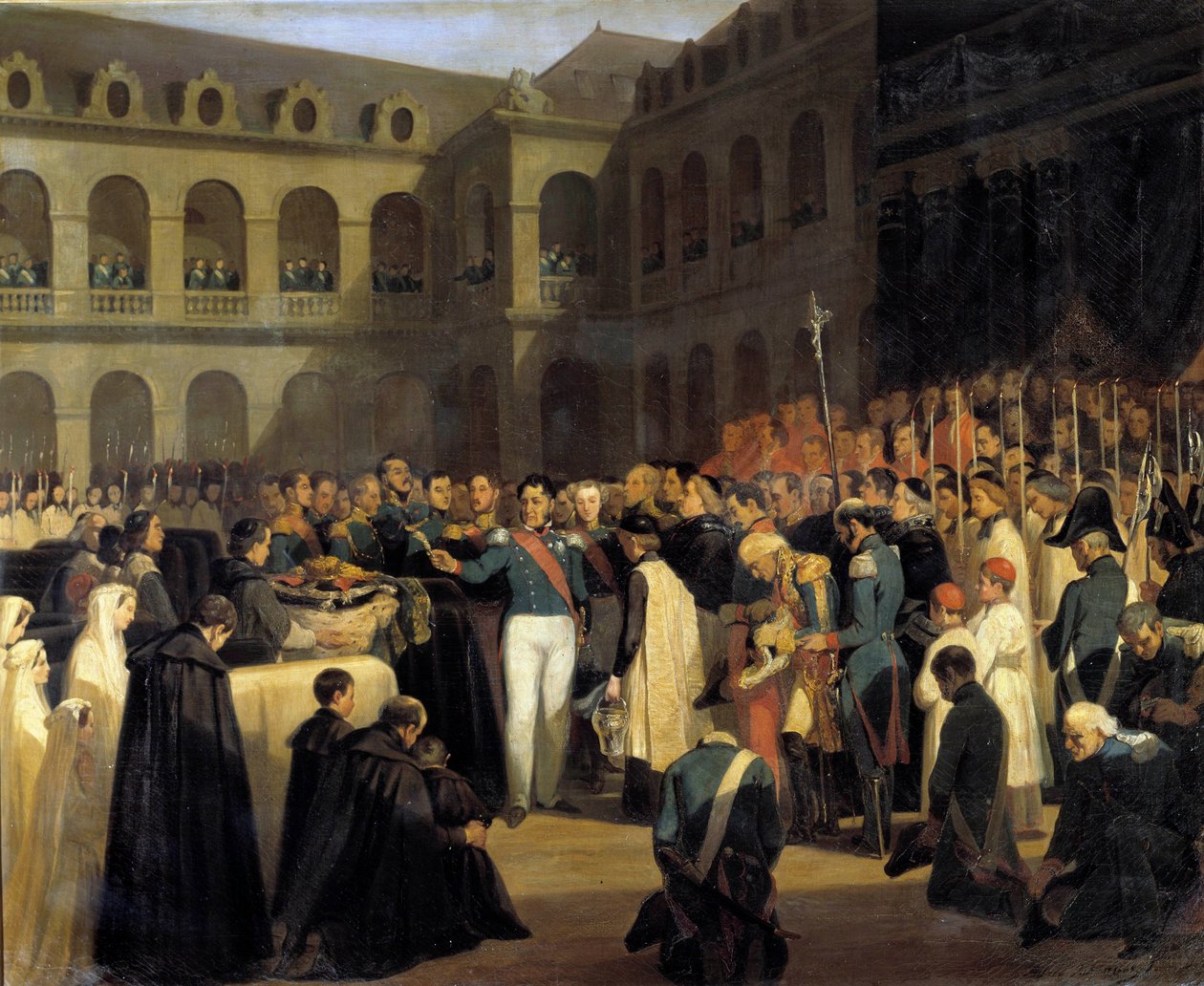 جنازة لضحايا هجوم فيشي في 5/8/1835 بحضور الملك لويس فيليب. وقع هجوم جوزيبي فيشي (المتآمر الكورسيكي) في 28 يوليو 1835 ضد لويس فيليب الأول ، ملك فرنسا ، بوليفارد دو معبد في باريس. ص بواسطة فرانسوا ماريوس جرانيت