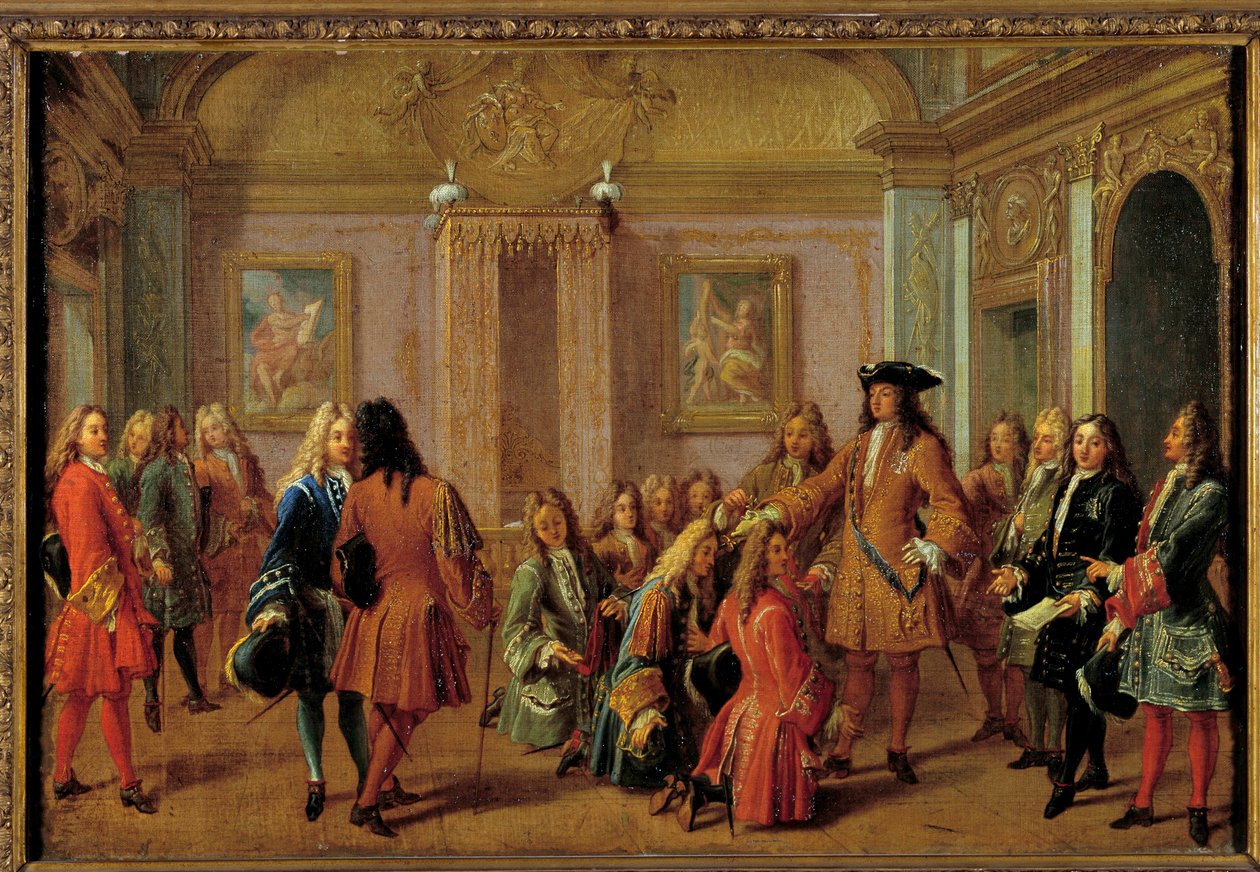 أول ترقية لفرسان وسام سانت لويس من قبل لويس الرابع عشر في فرساي في 8 مايو 1693 لوحة لفرانسوا مارو (1666-1719) القرن السابع عشر الشمس. 51 × 0.76 م. بواسطة فرانسوا ماروت
