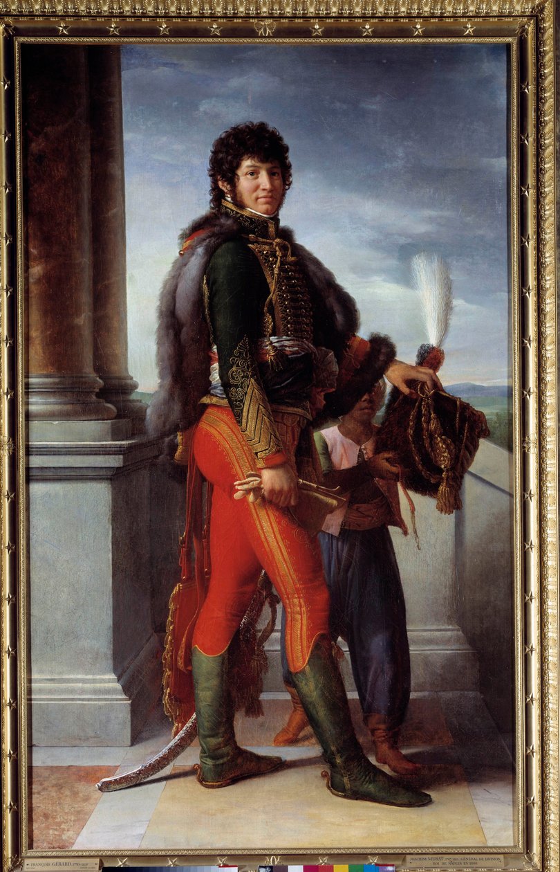 Portrait en pied de Joachim Murat (1767-1815) marechal d'empire ممثلة في زي هاسارد ، ثم قائد فرقة الفرسان ، قائد حرس القناصل والحاكم العسكري لباريس عام 1801 رسم فرانسوا جيرار (1770-1837) حوالي 1801 . بواسطة البارون فرانسوا باسكال سيمون جيرار