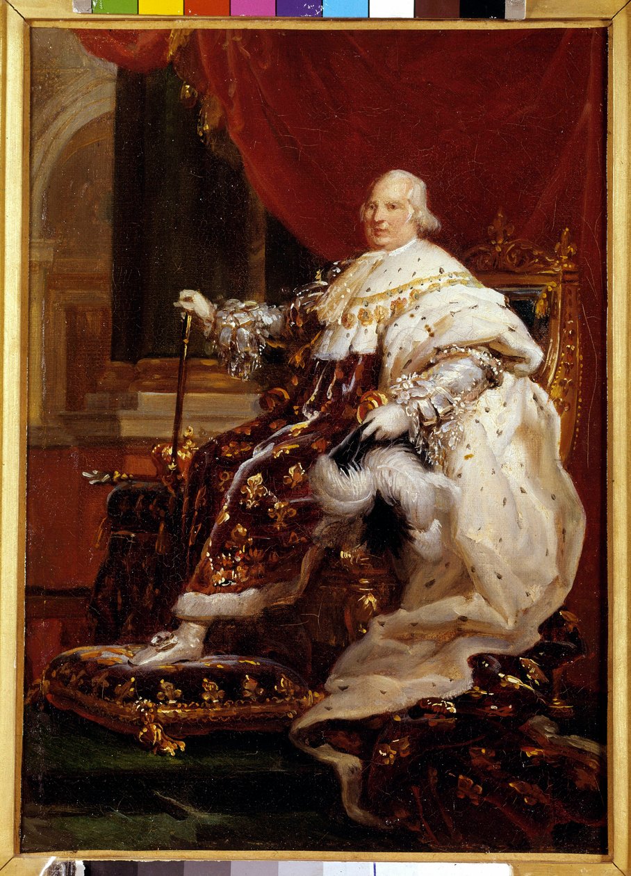 Portrait en pied de Louis XVIII (1755-1824) en costume de corre Painting by Francois Gerard (1770-1837) 1814 Sun. 0,32 x 0,23 m - Full-length portrait of Louis XVIII (1755-1824) in coronation robes. Painting by Francois Gerard (1770-1837) بواسطة البارون فرانسوا باسكال سيمون جيرار