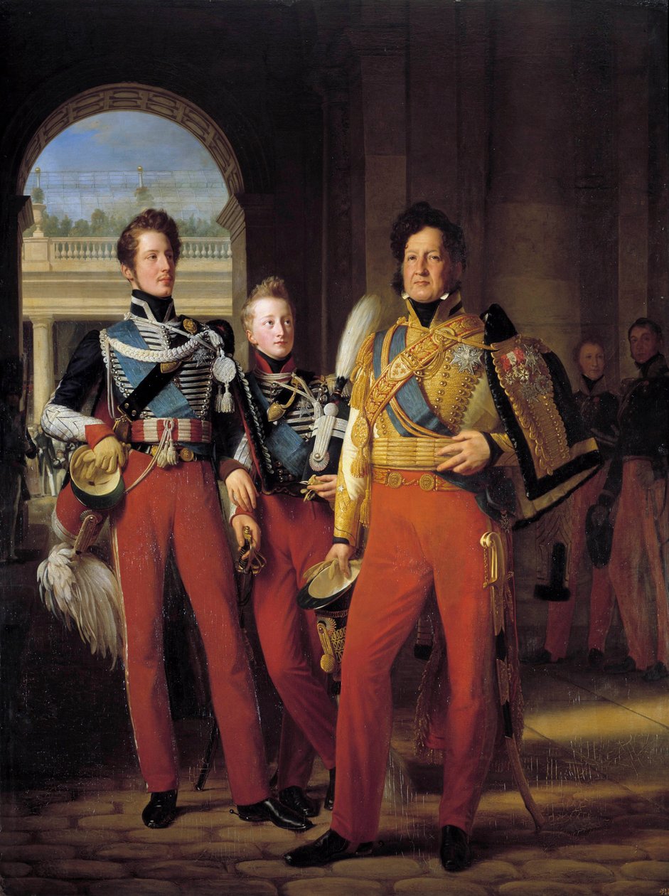 صور شخصية على قدم لويس فيليب الأول (1773-1850) ، دوق أورليانز بالزي الرسمي بصفته العقيد العام للفرسان ، وأبنائه: دوق شارتر ودوق نيمور رسم لويس هيرسينت (1777-1860) بعد فرانسوا جيرارد (1770-1837) 1832. الأحد 2 بواسطة البارون فرانسوا باسكال سيمون جيرار