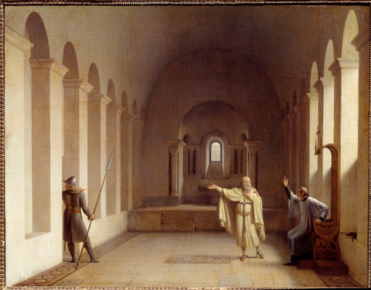 جاك دي مولاي (مولاي) (1243-1314) ، سيد كبير لفرسان الهيكل توقف جاك دي مولاي منذ عام 1307 ، محتجز في القصر الملكي في شينون حيث يتم استجوابه من قبل ممثلين عن البابوية والملكية. لوحة لفرانسوا ريتشارد فلوري (1777-1852) إس بواسطة فرانسوا ريتشارد فلوري