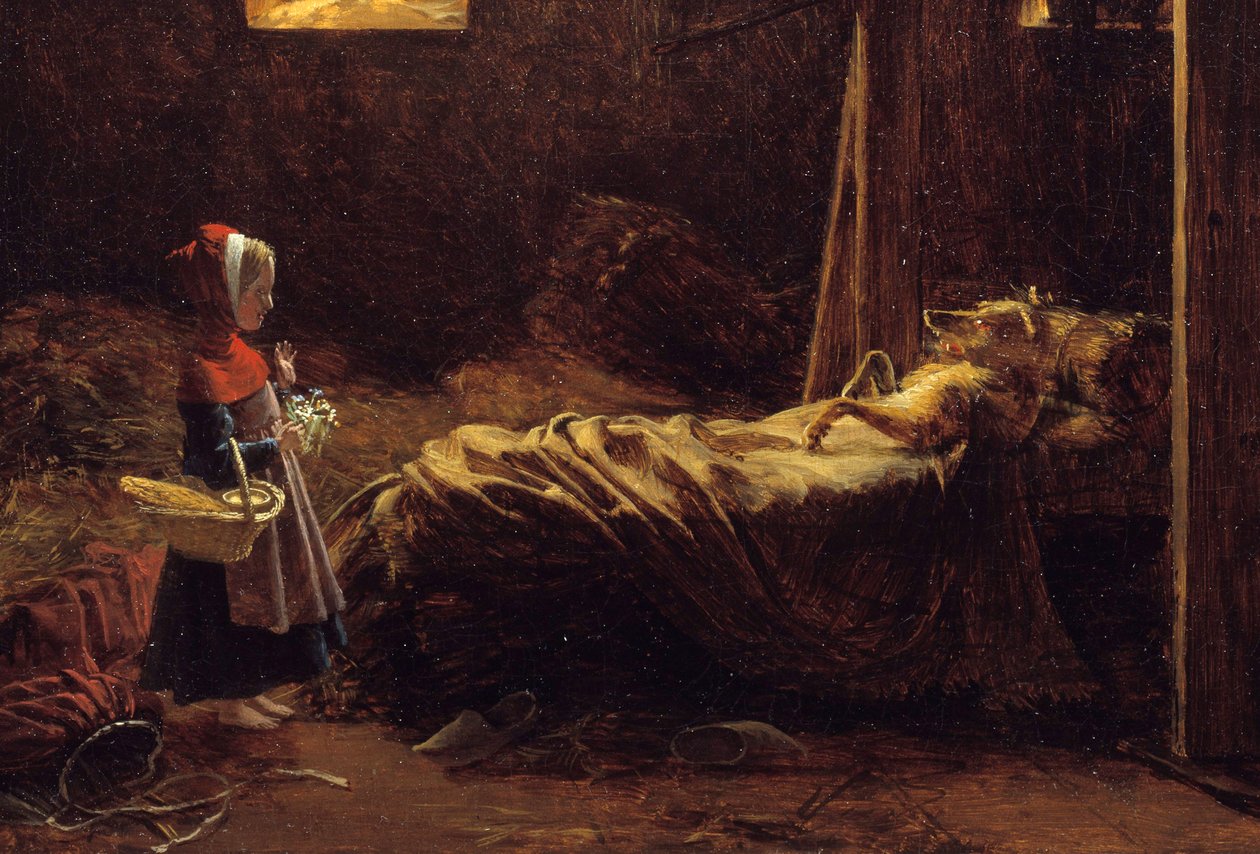 الرداء الأحمر ، التفاصيل. رسم توضيحي لقصة تشارلز بيرولت ، غطاء الرأس الأحمر الصغير أمام الذئب متنكر في هيئة جدة. لوحة فرانسوا ريتشارد فلوري (1777-1852) القرن التاسع عشر. 0،35x0،47 م. بواسطة فرانسوا ريتشارد فلوري