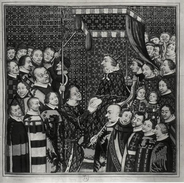 لويس الثاني (1337-1410) كونت كليمنت ، تكريمًا لتشارلز الخامس (1338-80) نسخة مصغرة من القرن الرابع عشر (ألوان مائية على ورق) (صورة بالأبيض والأسود) بواسطة فرانسوا روجر دي جينييريس