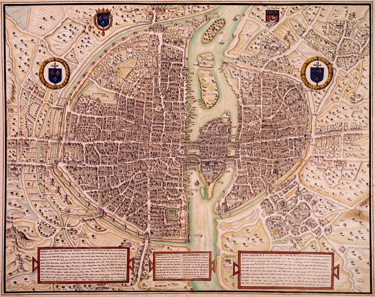 خريطة لمدينة باريس في 1540-1555 تقول عن النسيج. نقش لفرانسوا روجر دي جينيريس (1642-1715). باريس ، بن بواسطة فرانسوا روجر دي جينييريس