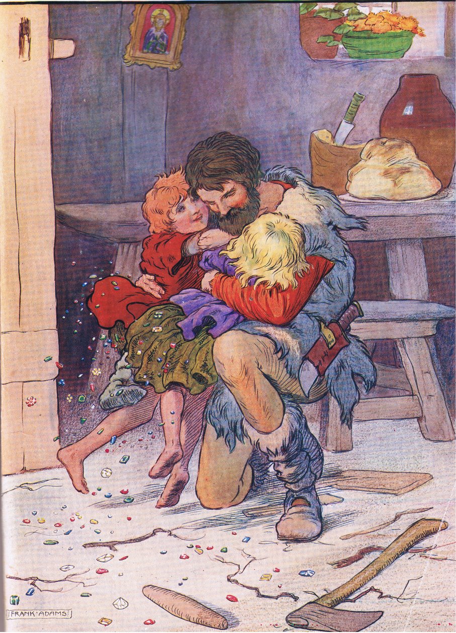 انفجروا الباب وفتحوا أنفسهم في ذراعي آبائهم ، من هانسيل وجريتيل الذي نشرته Blackie & Son Limited ، c.1940 بواسطة فرانك ادامز