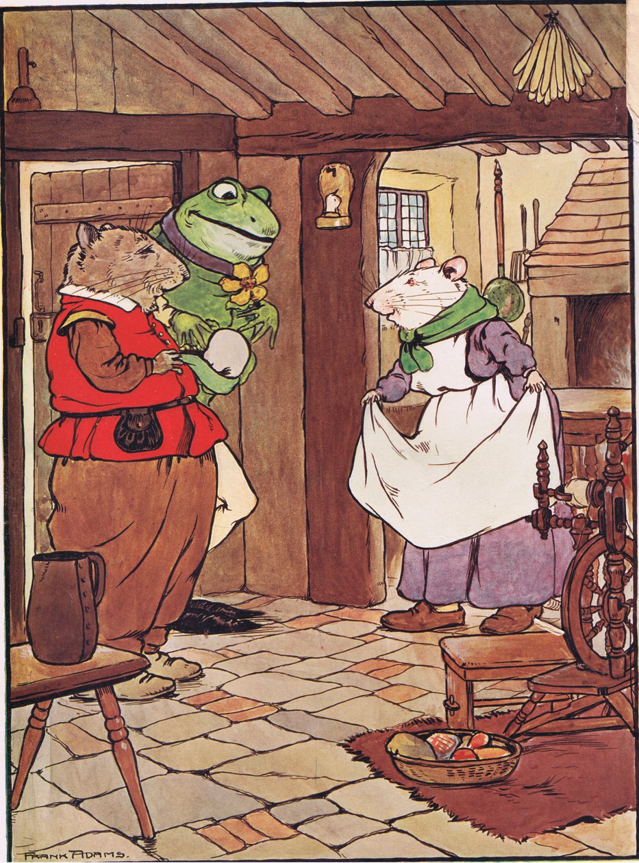 Pray Mistress Mouse أنت في الداخل ، التوضيح من "الضفدع قد يكون Wooing Go" ، بقلم Charles H. Bennett ، 1916 بواسطة فرانك ادامز