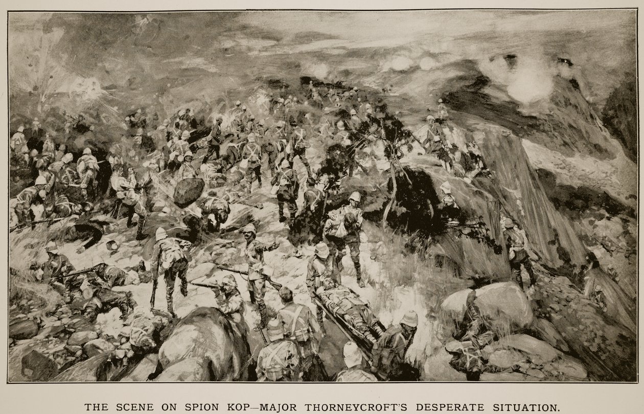 المشهد على Spion Kop: الوضع اليائس للرائد Thorneycroft ، من رسم رسمه ضابط بريطاني بواسطة فرانك كريج