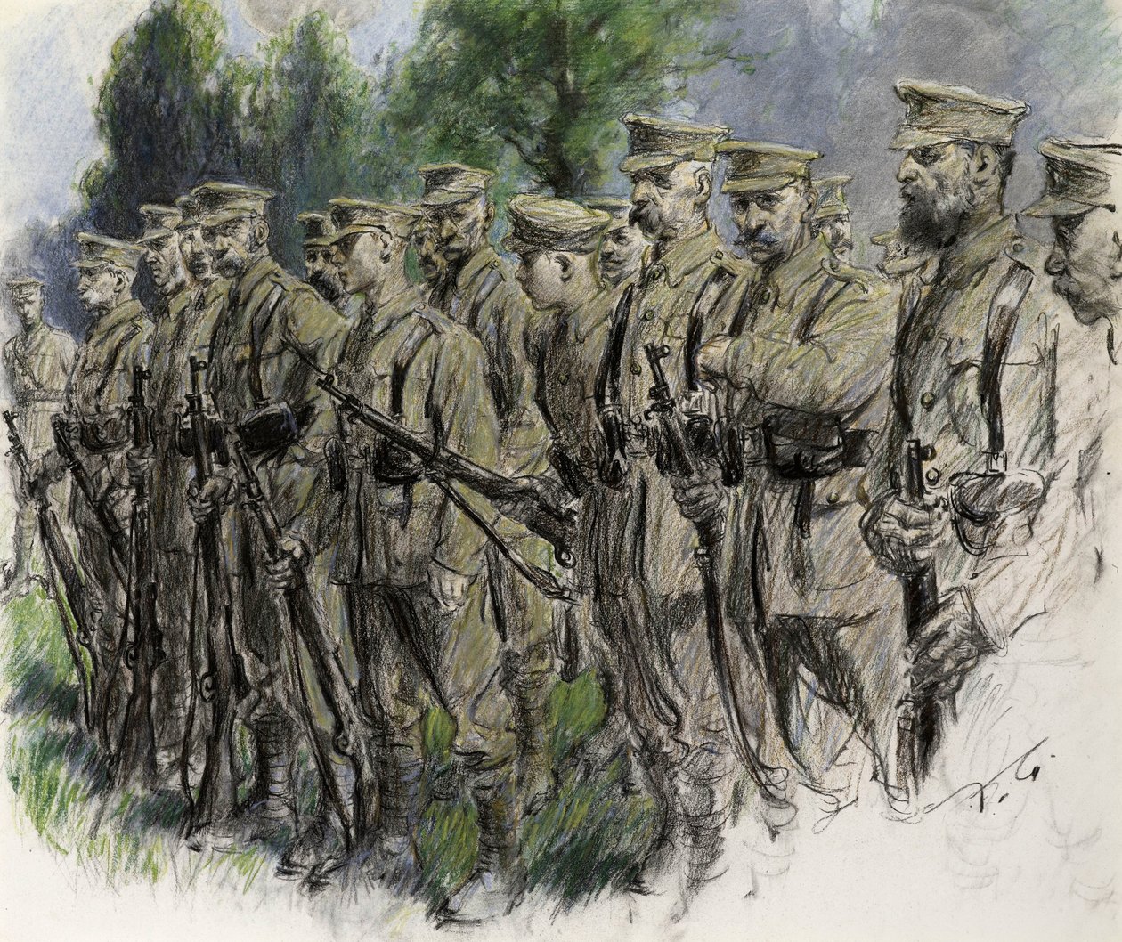 Fall In Norfolk Volunteers، c.1916 (باستيل على ورق) بواسطة فرانك جيليت