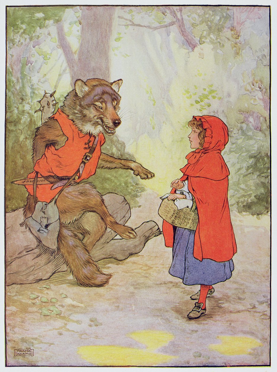 الرداء الأحمر والذئب ، رسم توضيحي من "الكتاب الجميل لأغاني الحضانة ، القصص والصور" ، بقلم فرانك آدمز ، نشره Blackie und Son بواسطة فرانك ادامز