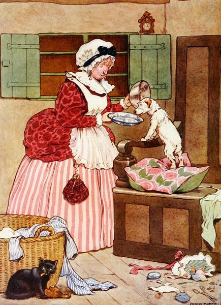 الأم العجوز هوبارد ، رسم توضيحي من "الكتاب الجميل لأغاني الحضانة والقصص والصور" ، بقلم فرانك آدمز ، نشره بلاكي آند سون (لون ليثو) بواسطة فرانك ادامز